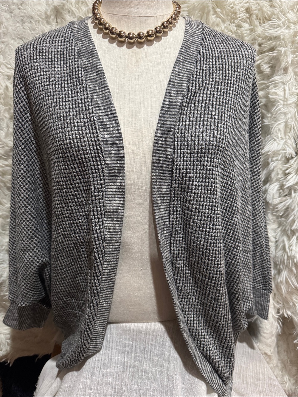 Gray Waffle Knit Open Front Women's Sweater Cardigan